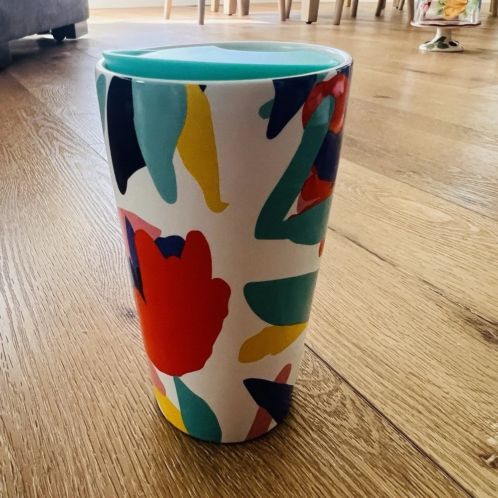 Starbucks Travel Tumbler Abstract Floral Art Pink Teal Navy‎ Modern Pop Art NEW